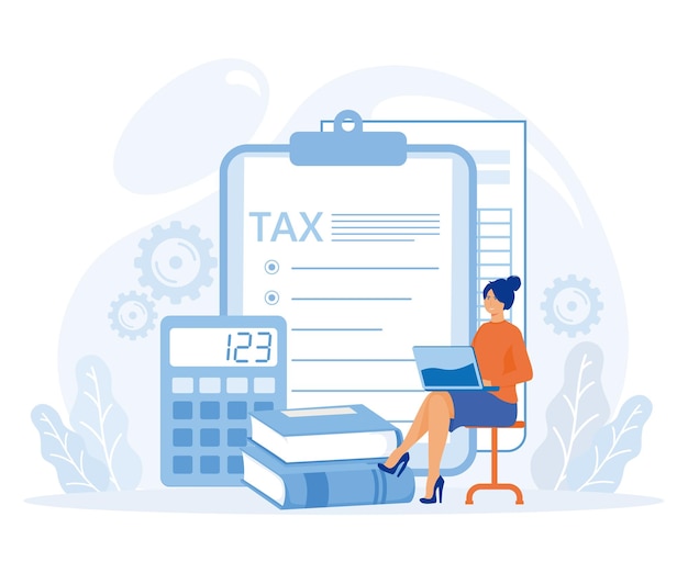 Characters using tax calendar to filling tax declaration form online and with financial advice