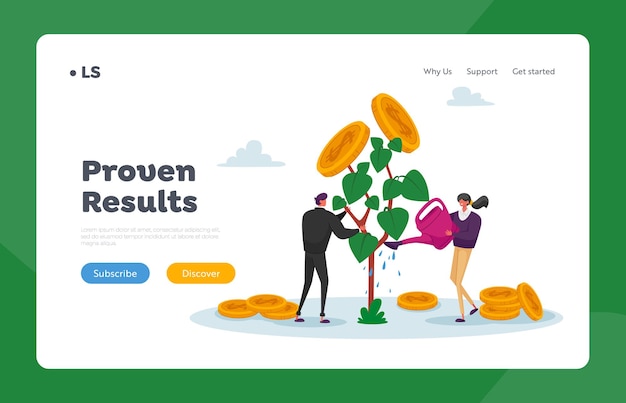 Characters watering money tree landing page template