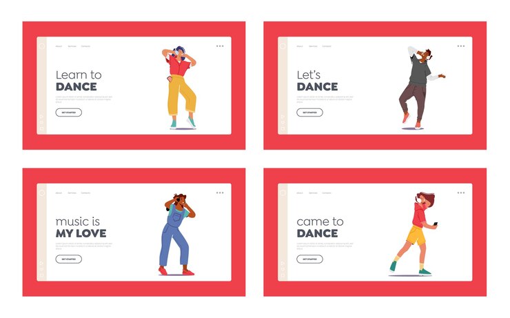 Vector characters wear headphones enjoying melodies and relax landing page template set. young people listen sound composition