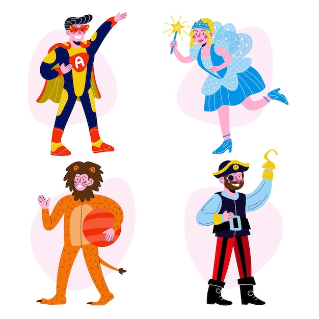 Vector characters wearing carnival costumes isolated on white background