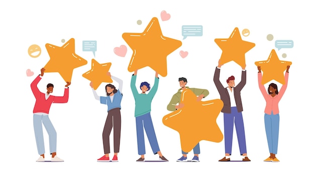 Vector characters with huge rate stars consumer and user review rating concept with smiling people holding golden stars