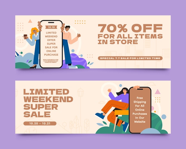 Characters with mobile mockup banner set