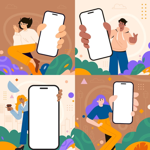 Characters with mobile mockup illustrations collection