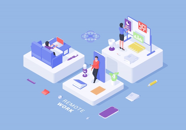  characters of workers doing job remotely