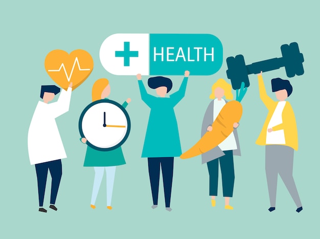 charactes of people holding health icons illustration