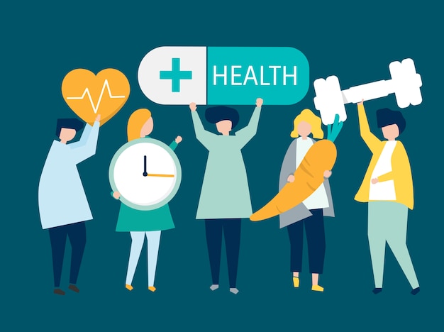 Charactes of people holding health icons illustration