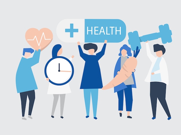 Charactes of people holding health icons illustration