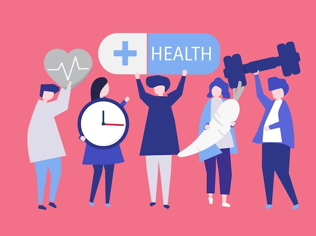 charactes of people holding health icons illustration