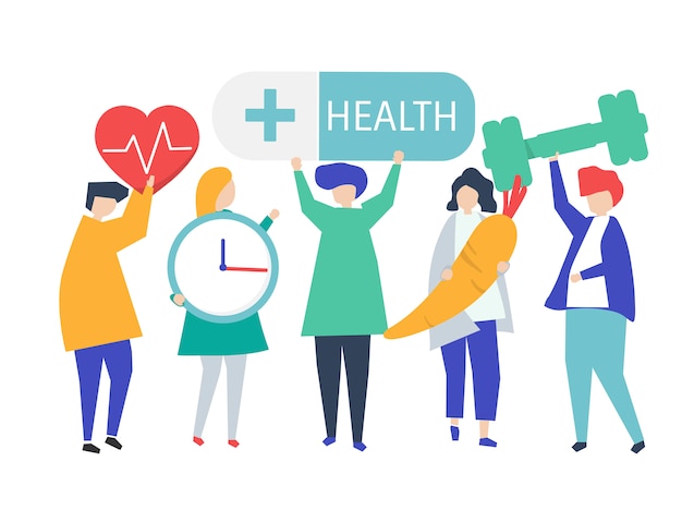 Vector charactes of people holding health icons illustration