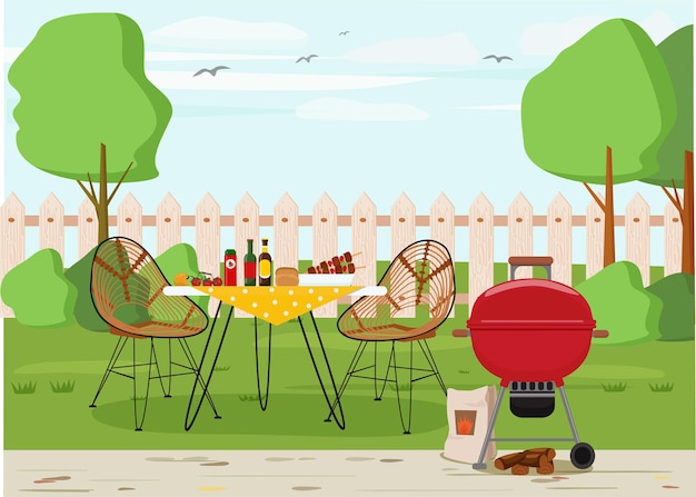 A charcoal grill a barbecue stove a table with outdoor food a green lawn fried meat BBQ