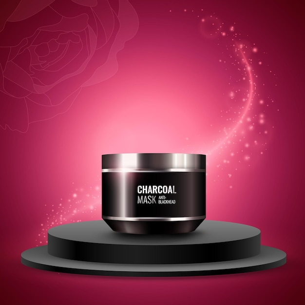 charcoal mask product presentation on a red background