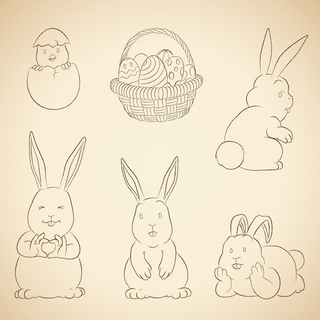 Charcoal vector drawings of easter bunnies eggs basket and chick on a beige background vector illustration