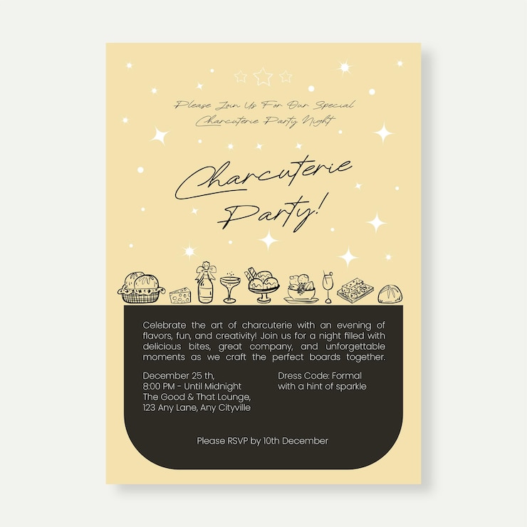 Vector charcuterie invitation template editable minimalist design for whimsical party events