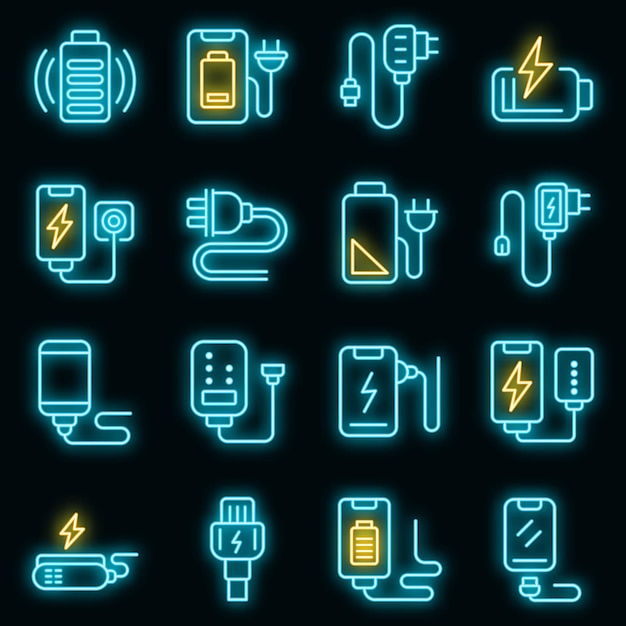 Charger icons set. Outline set of charger vector icons neon color on black