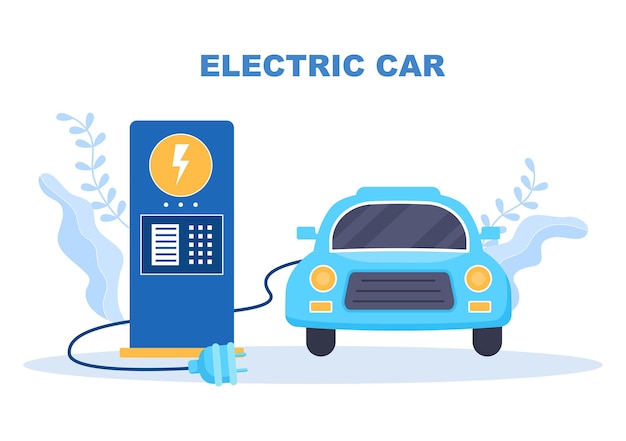 Ricarica di batterie per auto elettriche con il concetto di caricabatterie e spine per cavi che utilizzano l'ambiente verde, l'ecologia, la sostenibilità o l'aria pulita. illustrazione vettoriale