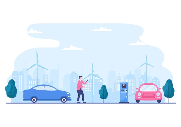 Ricarica di batterie per auto elettriche con il concetto di caricabatterie e spine per cavi che utilizzano l'ambiente verde, l'ecologia, la sostenibilità o l'aria pulita. illustrazione vettoriale