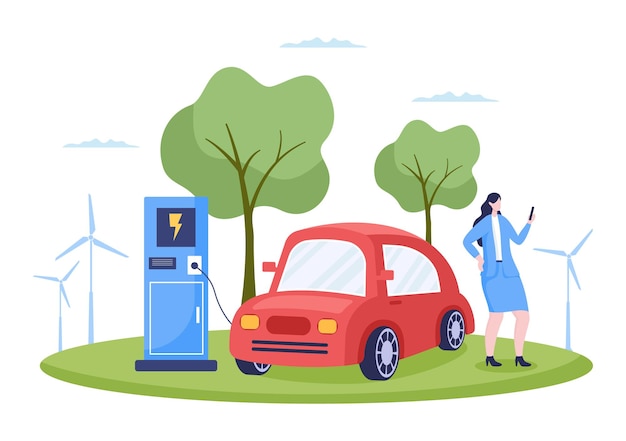 Ricarica di batterie per auto elettriche con il concetto di caricabatterie e spine per cavi che utilizzano l'ambiente verde, l'ecologia, la sostenibilità o l'aria pulita. illustrazione vettoriale