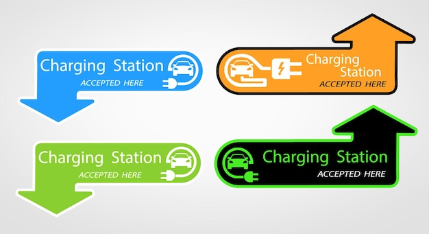 家庭用の電気自動車の充電は、電気自動車のロゴ道路標識テンプレートが配置されているポインターのミニマルなフラット デザインのベクトル イラスト