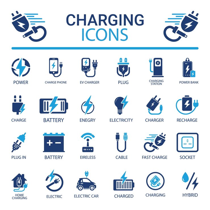 Charging icon set Containing charge battery energy electricity charger recharge electric car