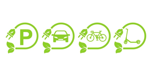 Charging stations vector icons. Charging for bicycle, car and electric scooter.