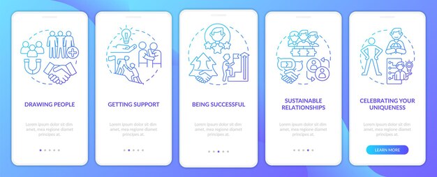 Charisma avvantaggia lo schermo dell'app mobile onboarding con gradiente blu