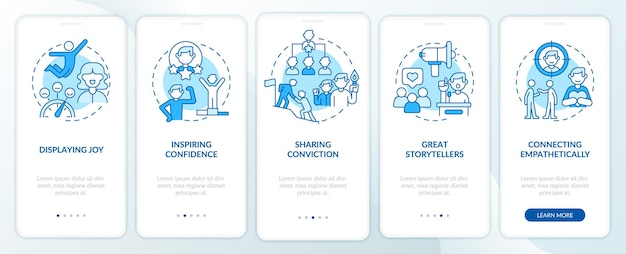 Charismatische mensen kenmerken blauw onboarding mobiel app-scherm