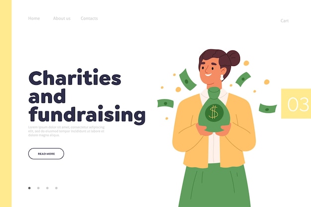 Charities and fundraising concept of landing page with happy woman holding money bag happy smiling