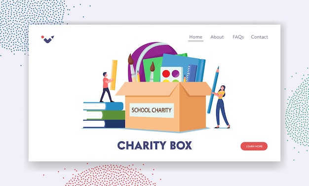 Charity box landing page template. sponsors humanitarian aid and solidarity. tiny characters put books and stationery in donation box. assistance to poor children. cartoon people vector illustration