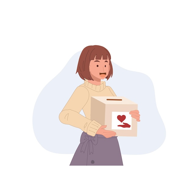 Charity campaign and voluntary concept Female volunteer holding donation box vector illustration