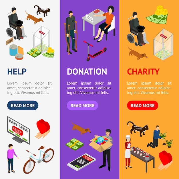 Charity Donation Funding Banner Vecrtical Set 3d Isometric View Vector