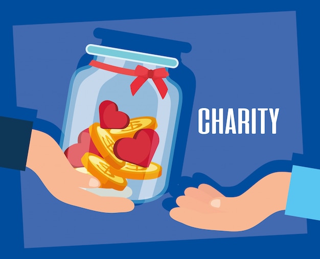 Charity donation hands giving jar with hearts and coins