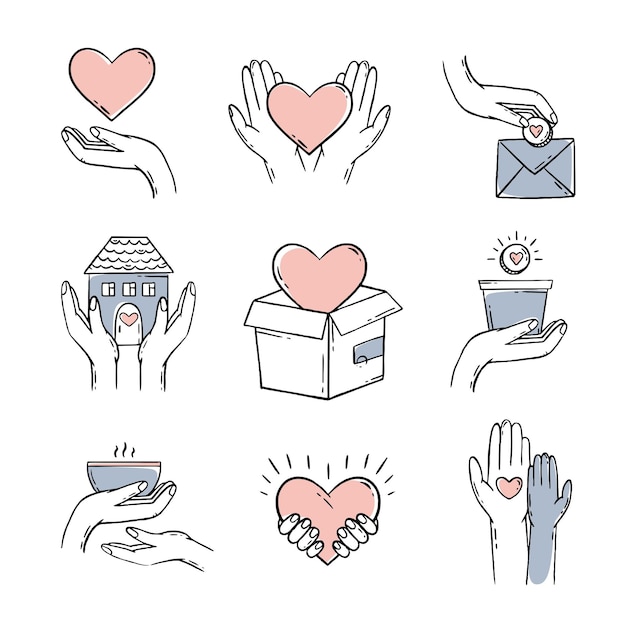 Vector charity donation for health a set with elements of hearts in his hands vector illustration