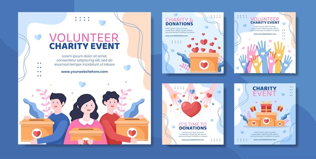 Vector charity donation social media ig post template flat cartoon background vector illustration