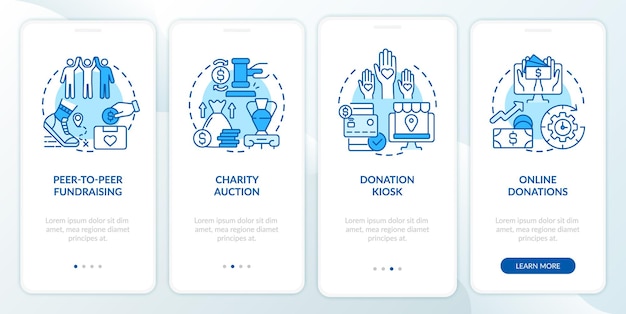 Charity event ideas onboarding mobile app page screen. Charitable sales walkthrough 4 steps graphic instructions with concepts. UI, UX, GUI vector template with linear color illustrations