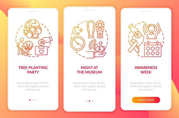 Charity fundraising events onboarding mobile app page screen