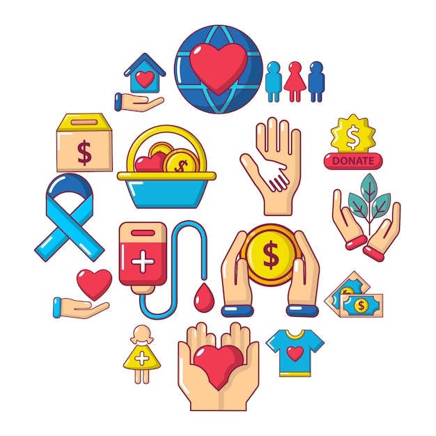 Charity icon set, cartoon style