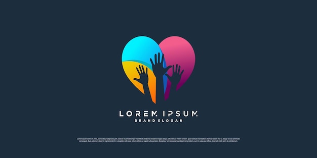 Логотип благотворительности с красочной концепцией любви и человеческими руками Premium векторы
