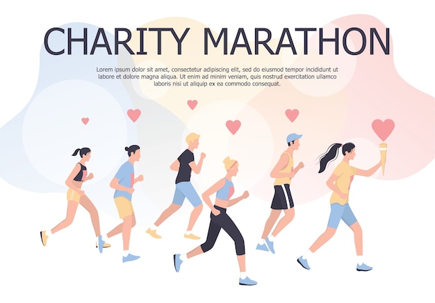 Concetto di poster della maratona di beneficenza. le persone corrono una maratona per beneficenza. donna e uomo che fanno jogging per eventi di beneficenza o supporto sanitario. illustrazione