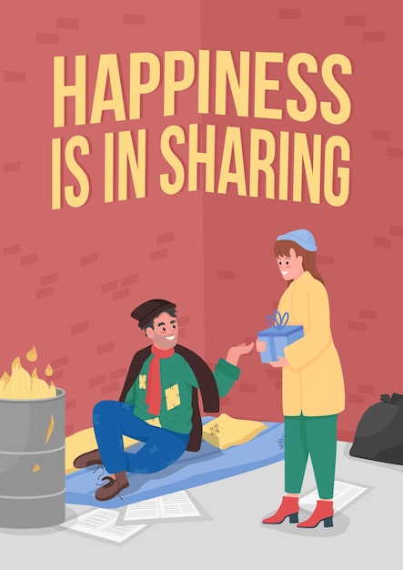 charity poster flat vector template. donating money during christmas. brochure, booklet one page concept design with cartoon characters. happiness is in sharing flyer, leaflet with copy space