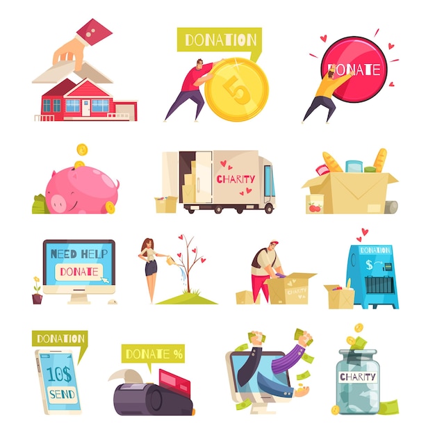 Vector charity set of isolated doodle image compositions with conceptual images of money gadgets goods and people vector illustration