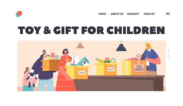 Vector charity toys and gifts for children landing page template people giving toys to volunteer for supporting kids