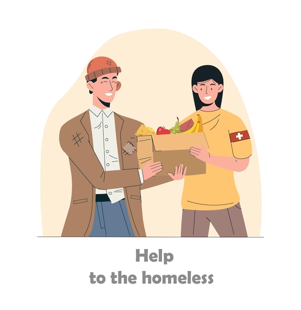 Charity work concept help to homeless woman with poor man donations from charitable foundation