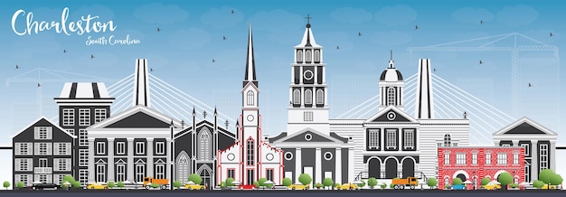 Charleston South Carolina Skyline with Gray Buildings and Blue Sky. Vector Illustration. Business Travel and Tourism Illustration with Historic Architecture.
