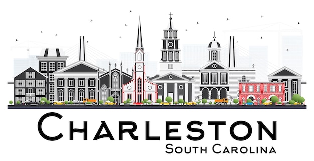 Orizzonte di charleston south carolina con edifici grigi isolati su sfondo bianco. illustrazione di vettore. illustrazione di viaggi d'affari e turismo con architettura storica.