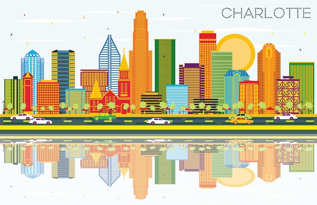 Charlotte North Carolina City Skyline met gekleurde gebouwen, blauwe lucht en reflecties