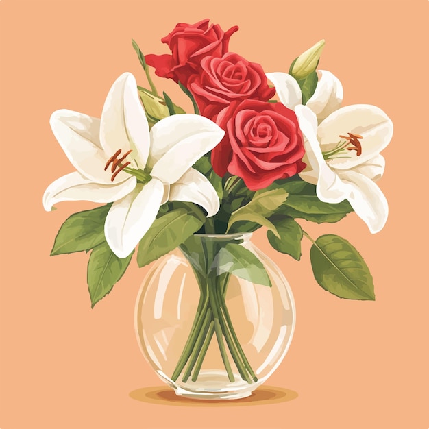 Charmante bloemenarrangement van rozen en lelies in een heldere glazen vaas vector illustratie