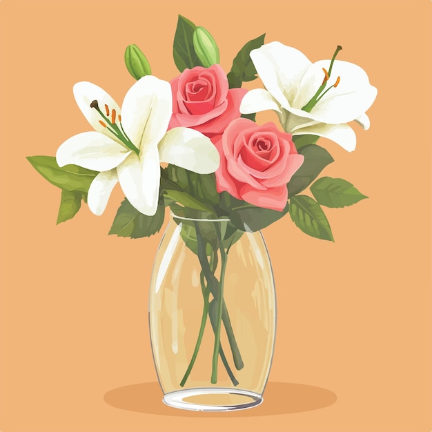 Charmante bloemenarrangement van rozen en lelies in een heldere glazen vaas vector illustratie