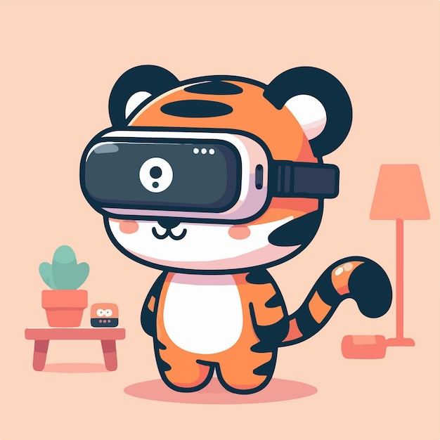 Charmante cartoon platte ontwerp met een schattige tijger staan terwijl het ervaren van virtual reality technologie