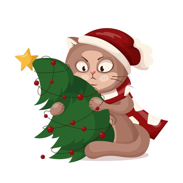 Vector charming angry cat in a santa hat with a christmas tree. winter cartoon character