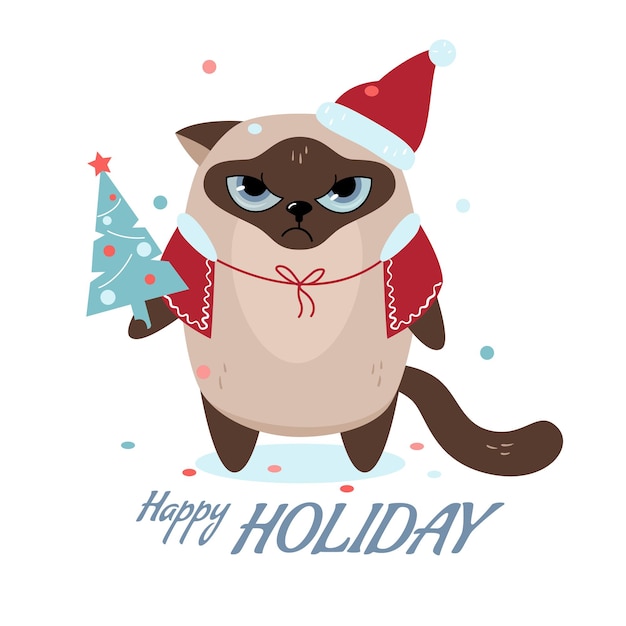 Vector charming angry cat in a santa hat with a christmas tree